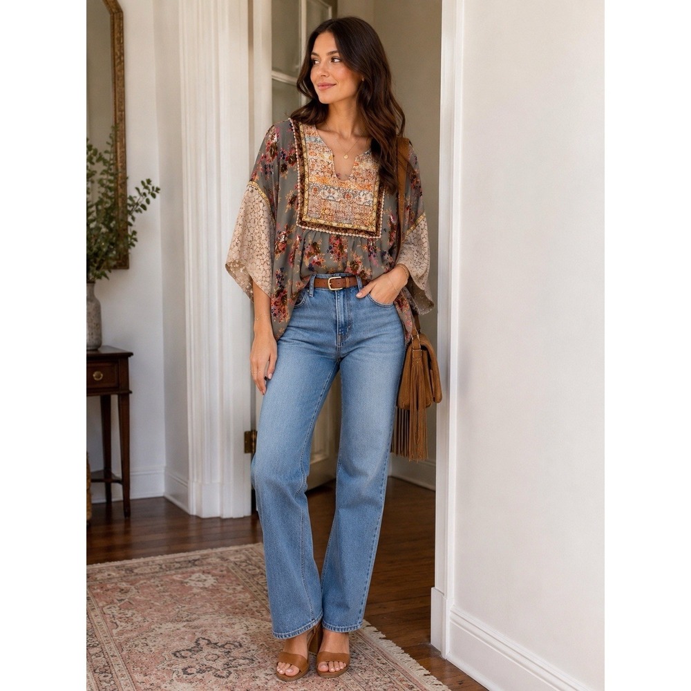 Ivy Jane Floral Boho Peasant Blouse Lace Bell Sleeve Gray Top Mixed Media 0500